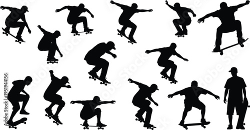 Silhouettes of skateboarder performing tricks, vector illustration showing dynamic stunts, motion, posture variations for creative, artistic, and educational use