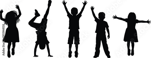 Children silhouettes in playful poses, jumping, handstand, arms raised, joyful energy, childhood activity, fun movement vector illustration design