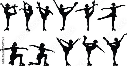 Figure skating silhouettes, athletes performing spins, arabesques, balance poses, graceful ice dance moves, sports artistry, winter competition vector illustration design