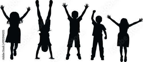 Children silhouettes in playful poses, jumping, handstand, arms raised, vector illustration for design, activity, lifestyle, joy, creativity concepts