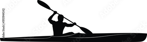 Kayak silhouette with paddler in motion, water sport activity, outdoor recreation vector illustration for design, artwork, adventure themes