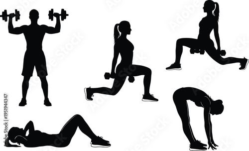 Fitness silhouettes of people exercising, dumbbell lifts, lunges, split squats, crunches, stretches, strength training, workout routine vector illustration design