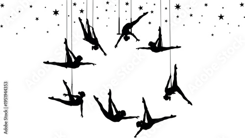 Vector illustration of aerial performer silhouettes, acrobatic poses with ropes and silks, celestial theme, graceful movement icons, artistic design