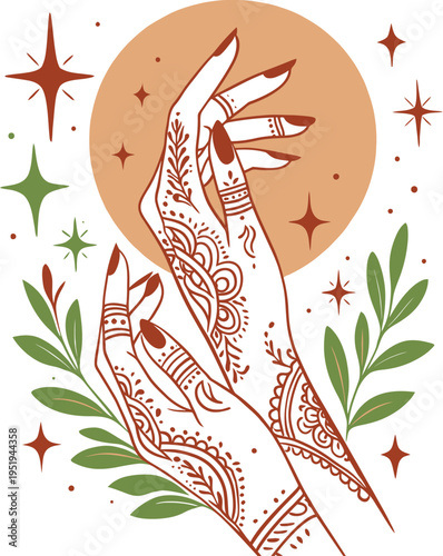 Elegant female hands with traditional mehndi henna tattoos and botanical elements vector