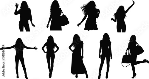 Women silhouettes in diverse poses with handbags, playful stances, fashion gestures, vector illustration for design, artwork, lifestyle themes