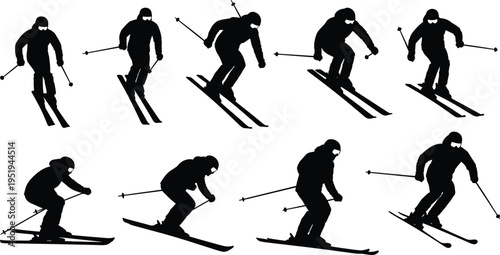 Silhouettes of skier in dynamic motion sequence, winter sports activity, skiing jump technique, athletic performance, black vector illustration, design elements