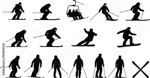 Silhouettes of skiers and snowboarders in dynamic winter sports poses, including ski lift riders and standing figures with poles, illustration