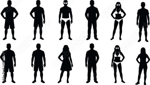  Silhouette vector illustration of diverse human figures, male and female, casual clothing, swimwear, stylized outfits, creative design reference collection