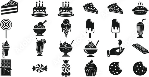 Silhouettes of desserts and sweet treats including cakes, pies, ice cream, candies, cupcakes, cookies, vector illustration for food design projects