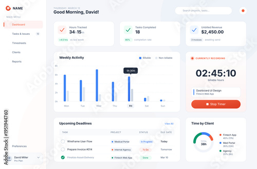 Modern time tracking dashboard UI featuring work hours, task management, revenue analytics, and real-time timer. Clean, minimal interface design for productivity apps, SaaS platforms, freelance tools,