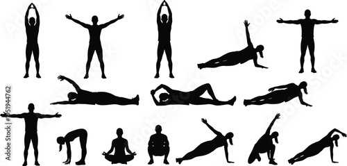   
Yoga poses, fitness exercises, meditation silhouettes, stretching positions, workout routine, healthy lifestyle, body balance, wellness, physical training, flexibility