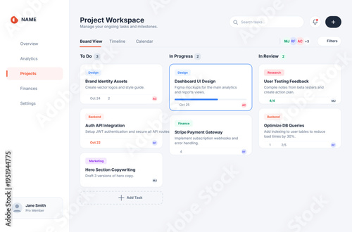 Modern project management dashboard UI illustration with kanban board, task workflow, team collaboration and progress tracking. Clean minimal interface design ideal for agile development, SaaS.
