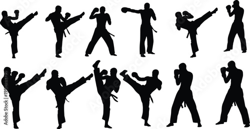 Martial arts silhouettes, dynamic poses with high kicks, punches, defensive stances, combat training, karate taekwondo kickboxing vector illustration design