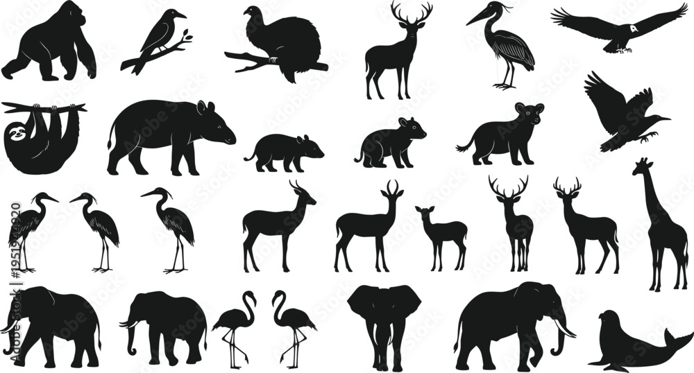 Obraz premium Silhouettes of diverse animals including gorilla, deer, giraffe, elephants, birds, seal, flamingos, wildlife biodiversity vector illustration artwork