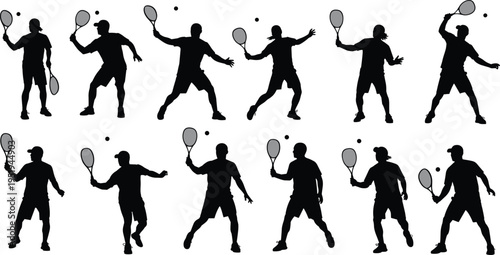Silhouette collection of tennis player poses, forehand, backhand, serve, swing motions, vector illustration for design, cataloging, classification, SEO optimization