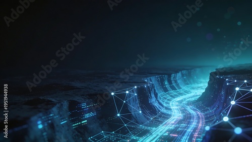 Abstract digital network flowing through a futuristic canyon landscape