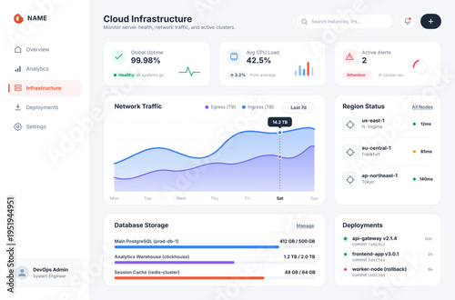 Cloud infrastructure monitoring dashboard UI displaying server uptime, CPU load, network traffic analytics, region status, database storage, and deployment activity. Modern DevOps interface for manage