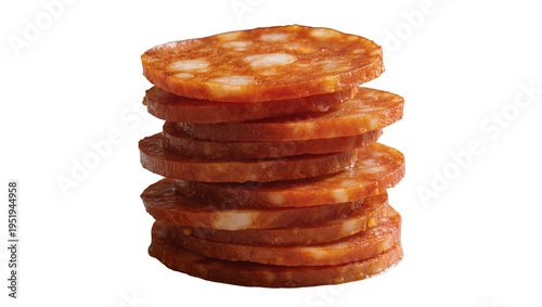 Valokuva Stack of delicious spicy red pepperoni or chorizo sausage slices, perfectly roun