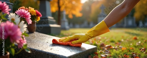 Person in yellow gloves cleans tombstone with orange cloth. Autumn flowers adorn grave. Cemetery scene with fallen leaves and soft sunlight. Respectful upkeep of resting place.