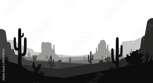 Desert landscape with cactus silhouettes and mesas.