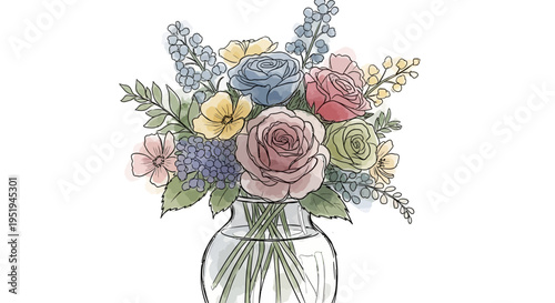 Watercolor floral bouquet in a clear glass vase isolated on white background