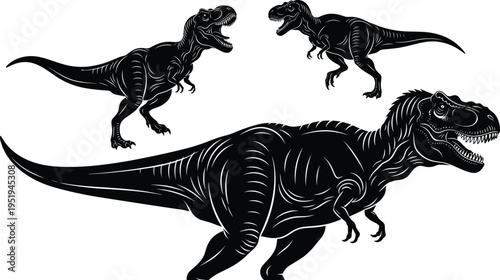 Silhouettes of Tyrannosaurus rex dinosaurs, prehistoric carnivores in dynamic poses, creative vector artwork, modern paleontology design illustration
