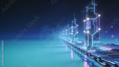Abstract digital network of futuristic skyscrapers connected by a chain
