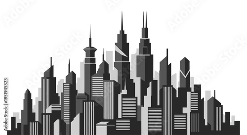Modern city skyline vector illustration with abstract monochromatic buildings.