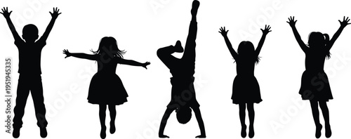 Children silhouettes, playful poses, jumping, handstand, joyful stances, energetic movement, childhood fun, expressive illustration, vector art resource