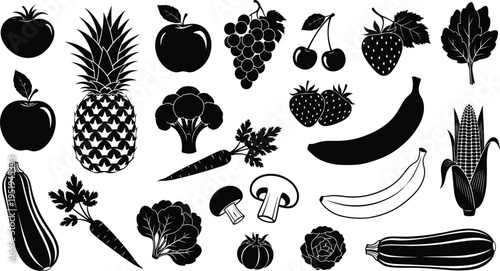 Fruit and vegetable silhouettes including tomatoes, pineapples, apples, grapes, cherries, strawberries, lettuce, broccoli, carrots, bananas, corn, mushrooms vector illustration
