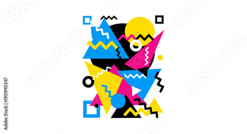 Vibrant retro 80s geometric abstract pattern with colorful shapes and zigzags.