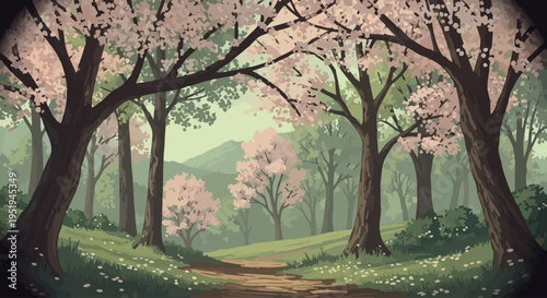 A serene forest path winds through cherry blossom trees in spring.