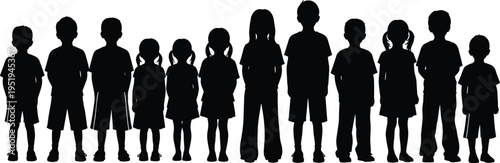 Children silhouettes standing in row, diverse group of kids, educational concept, growth stages, classroom unity, demographic illustration, social diversity