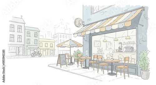 Quaint outdoor coffee shop with a barista and city street illustration