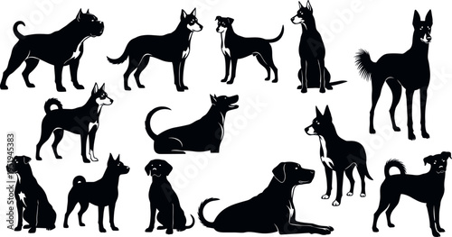    Silhouettes of diverse dog breeds in various poses, showcasing canine forms, standing, sitting, lying down, arranged against white background