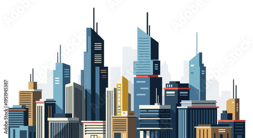 Modern city skyline illustration with various skyscraper buildings.