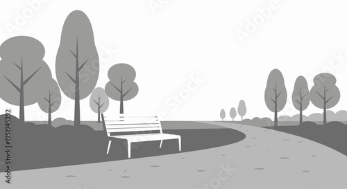 Peaceful park scene with an empty bench and winding path