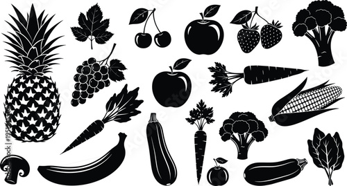 Fruit and vegetable silhouettes including pineapple, grapes, apples, bananas, corn, broccoli, carrots, mushrooms, spinach, parsley vector illustration design