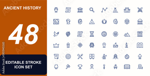 Ancient History Icon Collection, Archaeology, Civilization, Empire, Timeline, Historical Monuments, Museum Artifacts, Medieval Culture, Heritage, Exploration, Vector Illustration, historical research