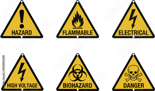 hazard warning signs set, vector triangular safety icons with fire electric high voltage biohazard and danger symbols isolated on transparent background
