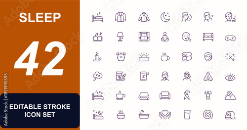 Sleep Icons Vector, Bedtime, Relaxation, Pillow, Pajamas, Dream, Alarm, Insomnia, Night, Rest, Sleep Mask, Bedroom, Cozy Routine, Calm, Wellness, Nap, Soothing Sleep Therapy Icons
