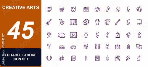 Creative Arts Vector Icon Set, Theater, Music, Painting, Sculpture, Cinema, Dance, Performance, Gallery, Exhibition, Film, Photography, Cultural Design, Editable Stroke, art icons collection