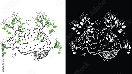 Dichotomous image shows a sketch of a human brain with vibrant green saplings growing from the top hemispheres.