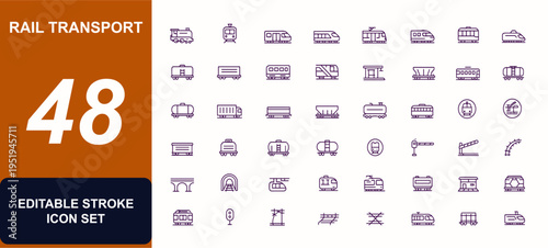 Railroad, rail transport, and train travel icon set with adjustable line weight, featuring subway, monorail, freight, passenger, locomotive, high-speed rail, outline vector symbols