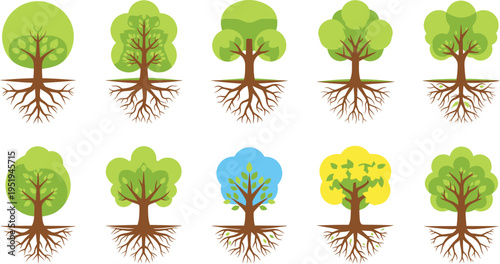 Collection of ten stylized deciduous tree icons displaying various canopy shapes and strong visible root systems.