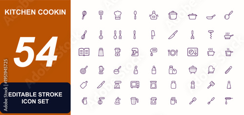 Kitchen Cooking Tools Vector Icons, Cookware, Chef Gear, Utensils, Pan, Pot, Whisk, Spatula, Blender, Rolling Pin, Grater, Cleaver, Ladle, Corkscrew, Recipe Symbols, Adjustable Line Weight