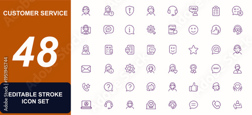 Customer Service Support Vector Icon Set, Online Helpdesk, 24/7 Assistance, Headset, Mobile Chat, FAQ, Feedback, Rating, Positive Review, Troubleshooting, Satisfaction, Thumbs Up