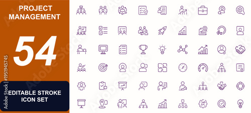 Project Management Vector Icon Set, Planning, Teamwork, Collaboration, Strategy, Goal, Task, Deadline, Report, Communication, Growth, Support, Productivity, Agile, Business Icons