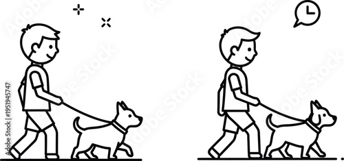 Boy walking dog illustration shows the routine and passage of time during a pleasant outdoor activity.