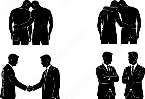 Men silhouette vector illustration with supportive embrace, handshake, confrontation, camaraderie artwork, professional interaction composition, creative design elements